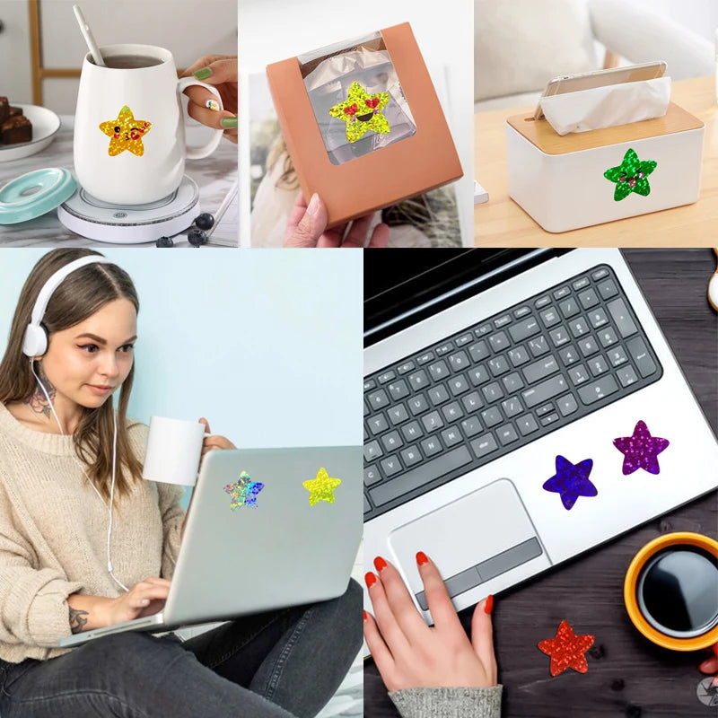 500/1000pcs Colorful Star Adhesive Holographic Star Stickers Zoo Farm Scrapbook Sticker Roll Labels  For Kids DIY Gift Toys