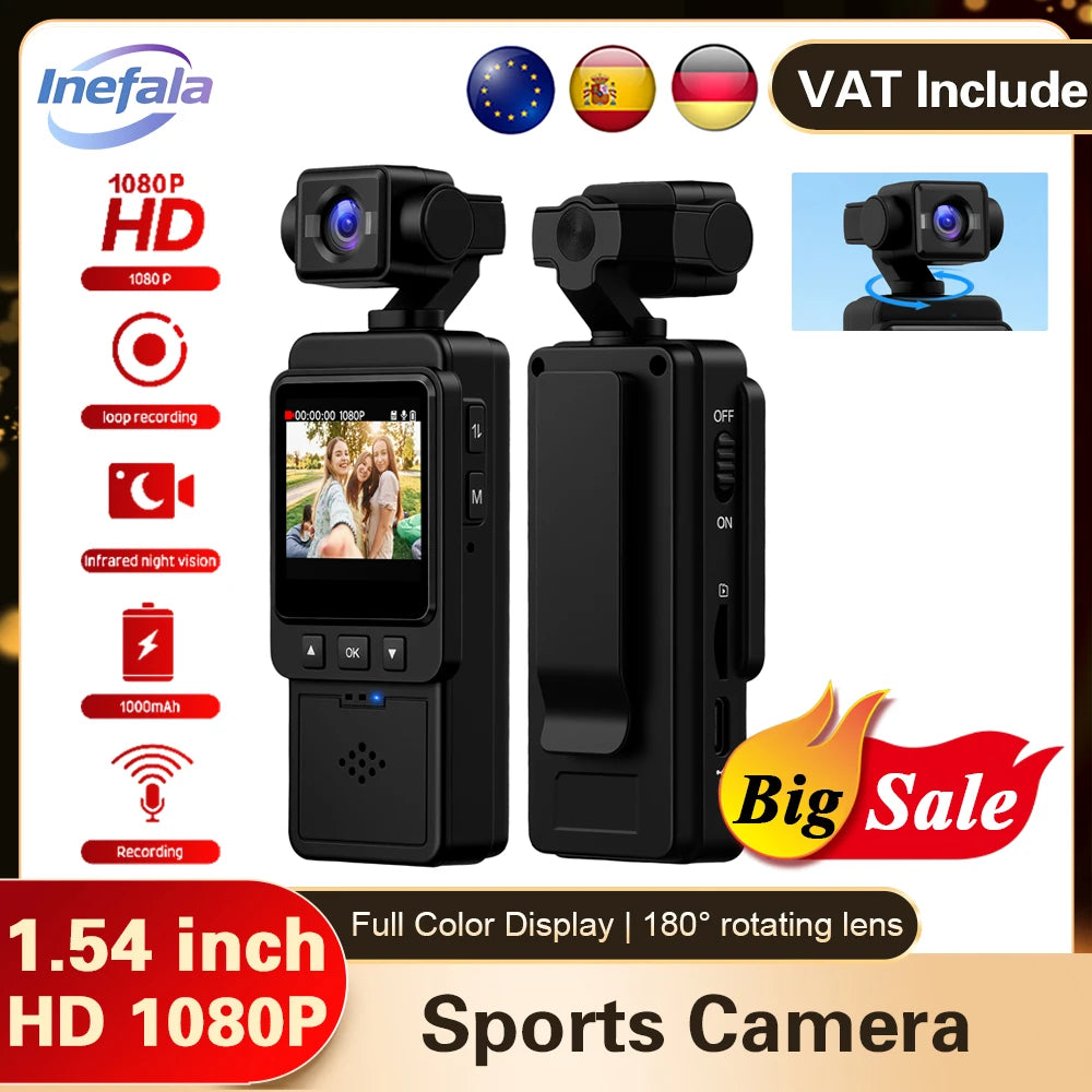 Inefala 1080P Sports Pocket Camera 1.54" Mini Lens 180° Rotatable WiFi Wireless Video Recorder 5hours Endurance Motion Camera