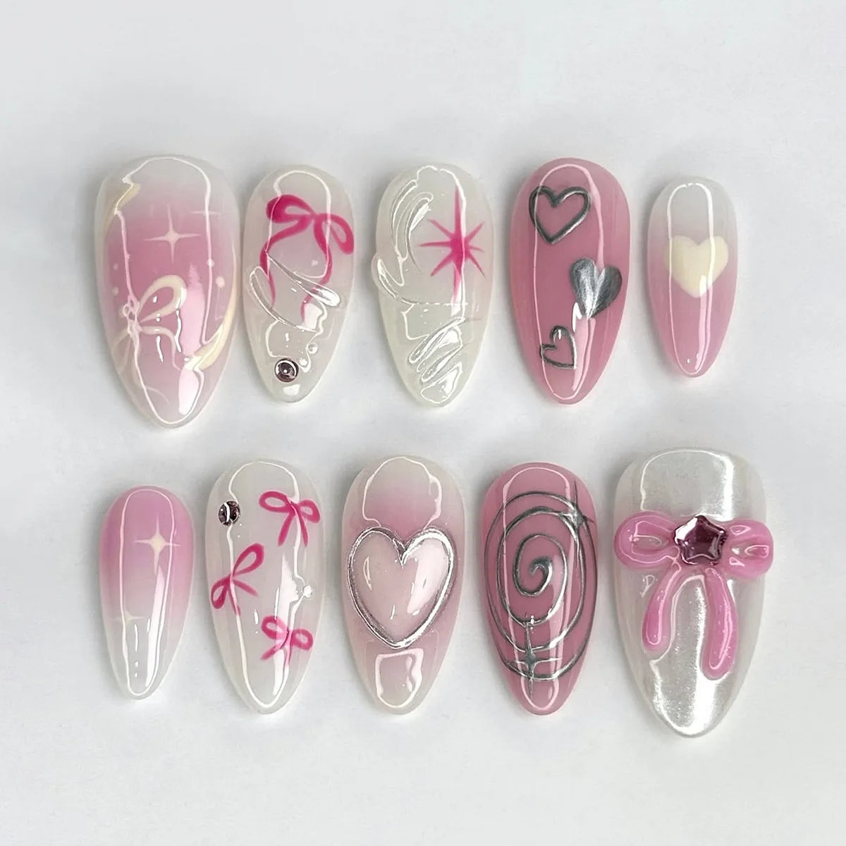 24PCS Medium Almond Press On Nails Wine Red Cute Cartoon Rabbit Bowknot Plaid Pearl False Nails Kawaii Nails Full Cover Wearable