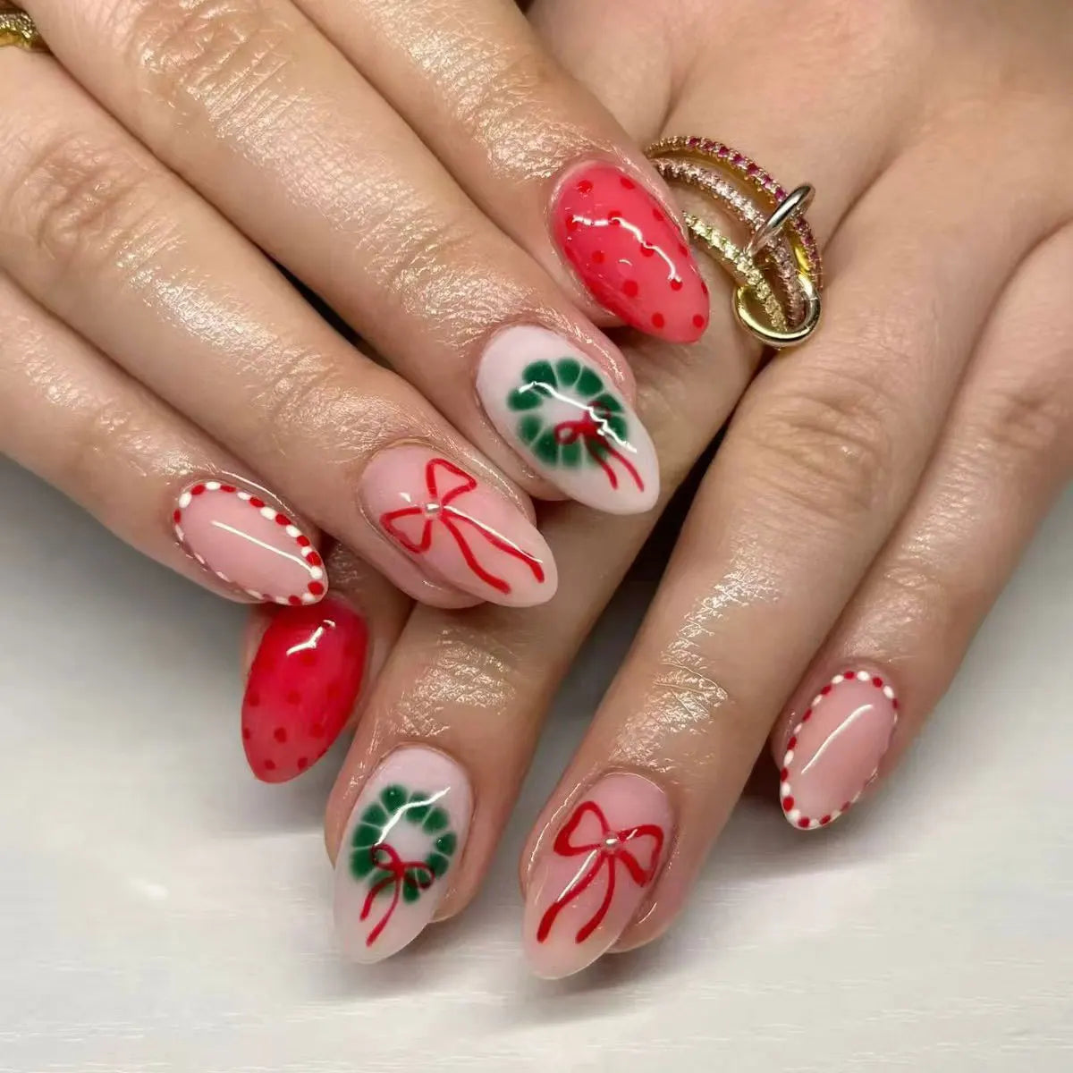 24PCS Medium Almond Press On Nails Wine Red Cute Cartoon Rabbit Bowknot Plaid Pearl False Nails Kawaii Nails Full Cover Wearable