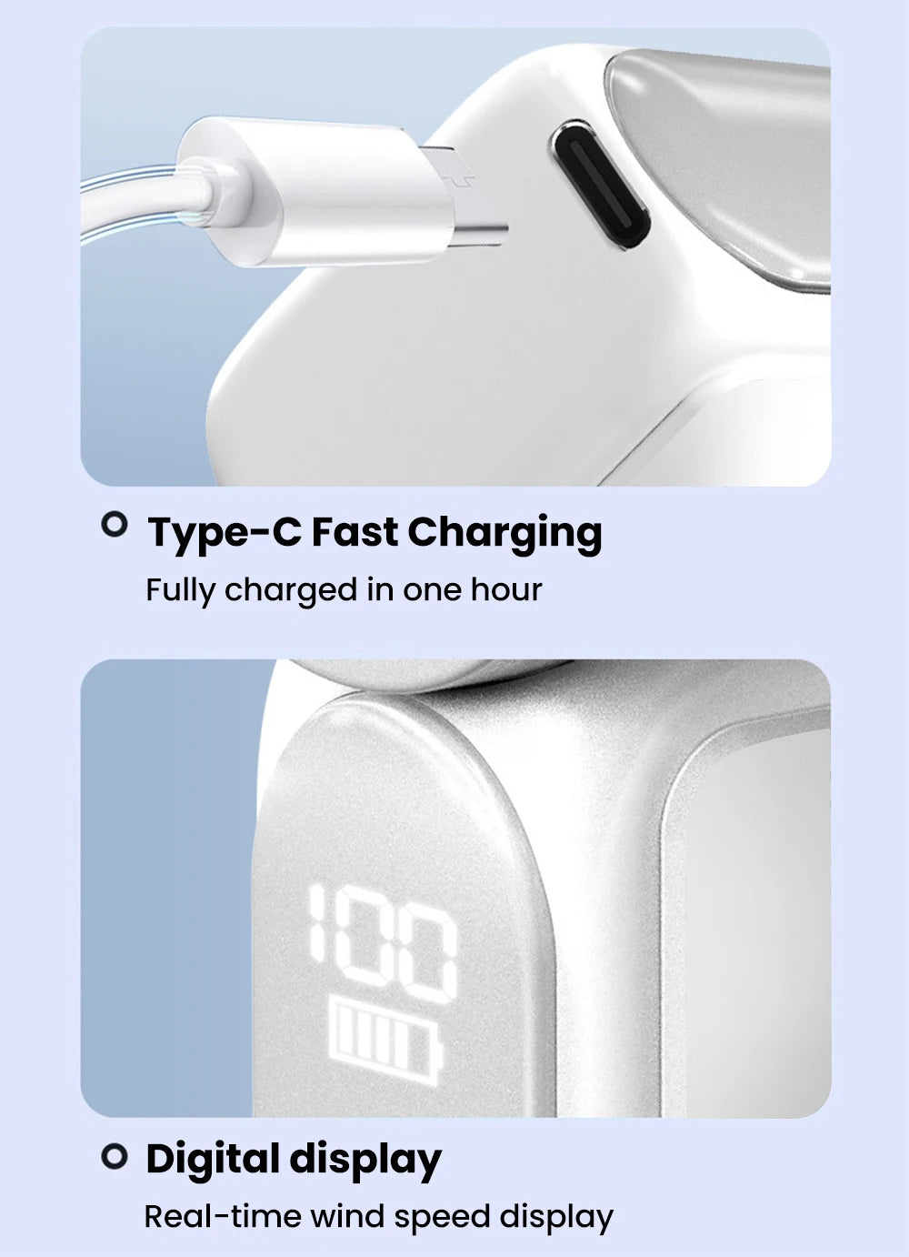 Portable Handheld Mini Fan 5 Speed Adjust Type c Rechargeable Fan Digital Display Desktop Fan Outdoor