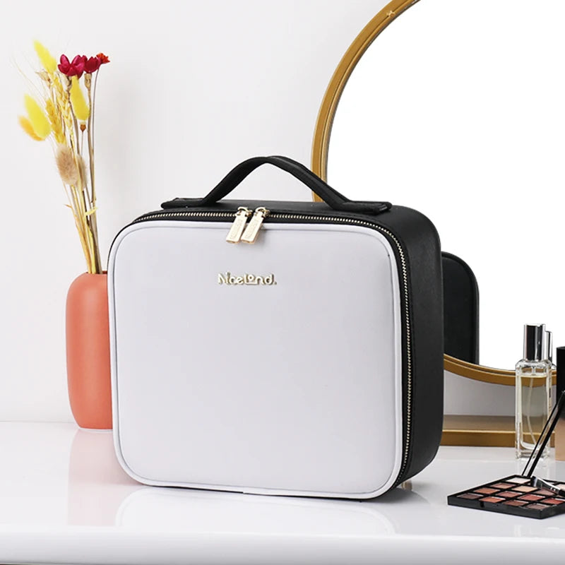 Travel Makeup Bag with LED Lighted Mirror 3 Color Scenarios Adjustable Brightness, with DIY Dividers, Toiletry Makeup Case Gift