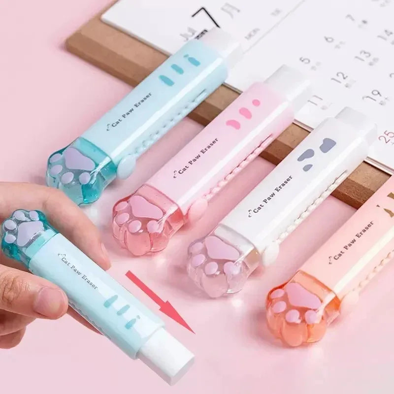 Eraser with retractable push-pull design, creative cartoon cat claw shape, student-specific stationery, portable eraser