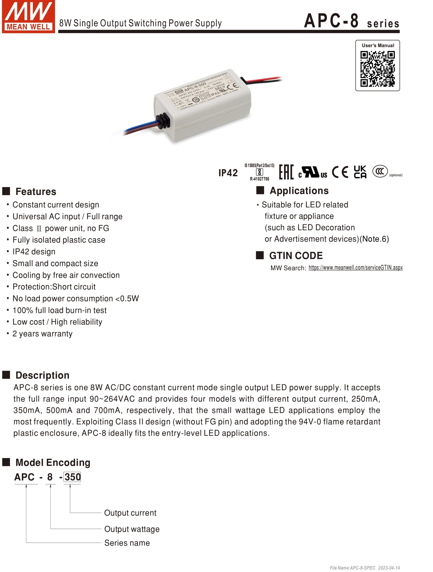Mean Well APC-8/12/16/25/35-250/350/500/700/1050mA Meanwell Indoor LED lighting SMPS LED Constant Current Switching Power Supply
