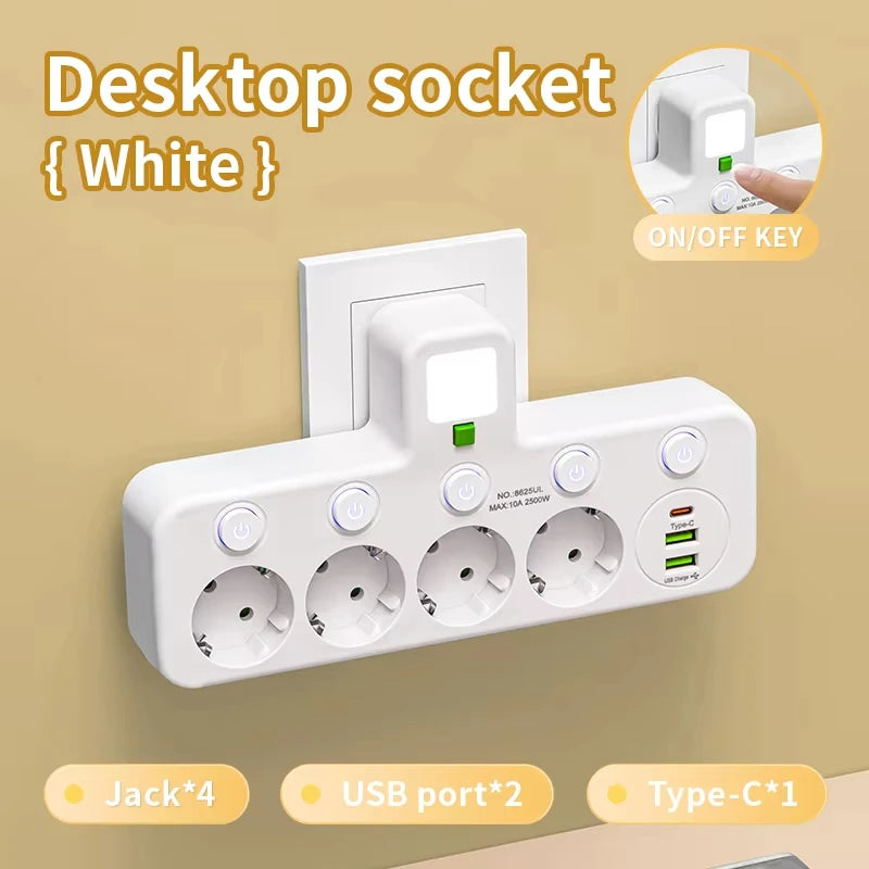 EU Plug Socket Adapter Wireless Wall Charger Power Strip with 4 AC Outlets +2 USB Ports+ 1 Type C 7-in-1 Plug Socket Adapter