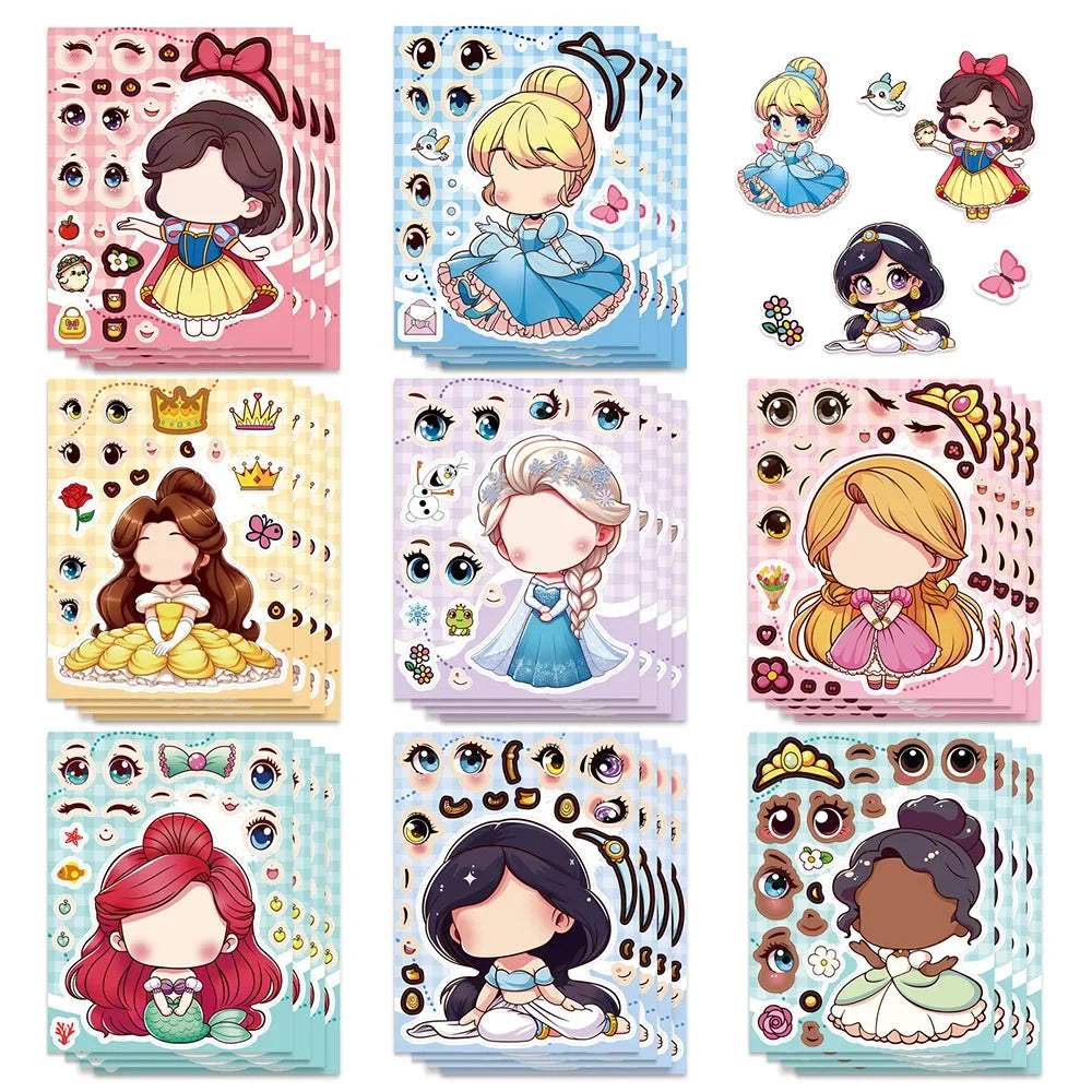 8Sheets Cute Princess Puzzle Stickers Make A Face DIY Anime Assemble Jigsaw Decals Birthday Party Decoration