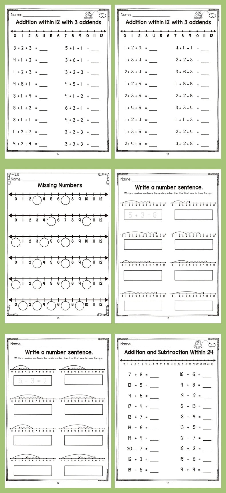 32-Page Interactive Math Learning Workbook with Addition & Subtraction Worksheets, Crossword Puzzles, Colorful Math Activities