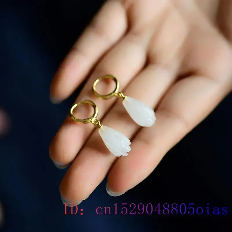 White Jade Magnolia Earrings Gemstone Zircon Natural Women Crystal Charm Chalcedony Gifts Amulet Lucky Jewelry Fashion