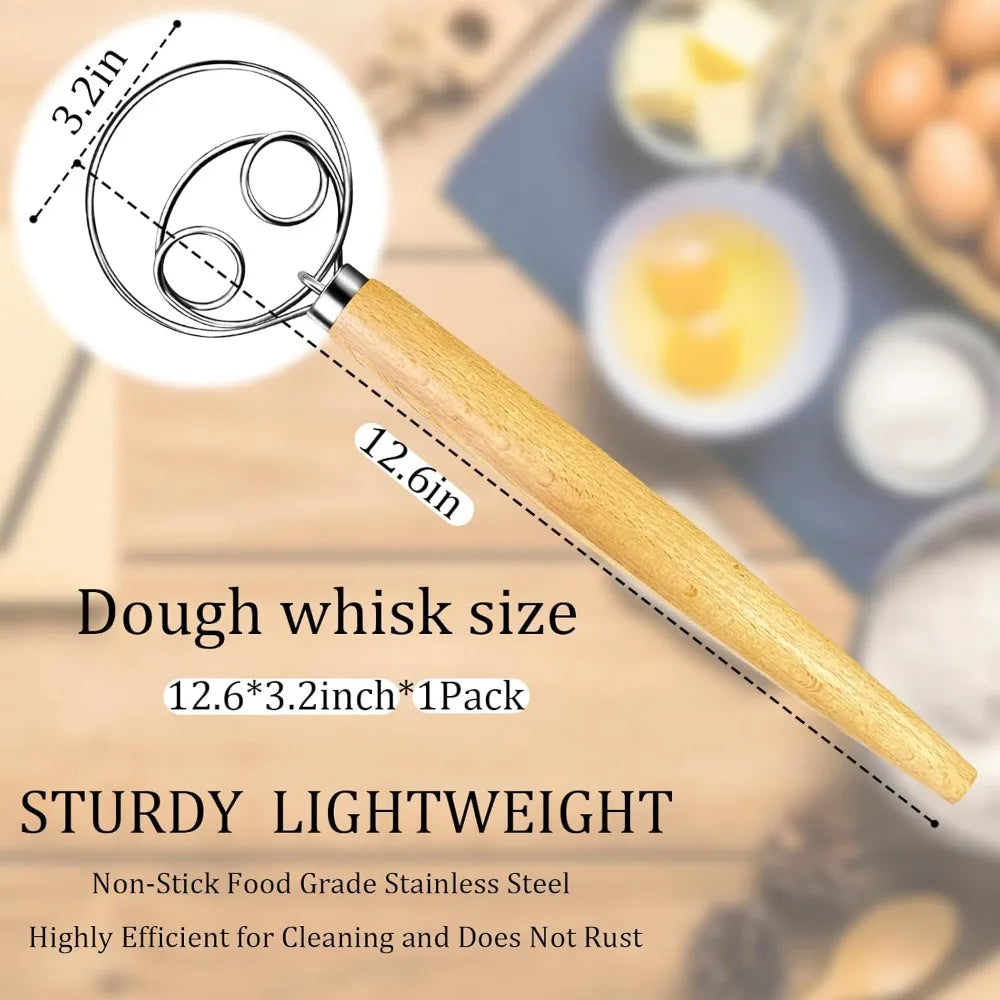 Danish Dough Whisk Stainless Steel Bread Mixer Wooden Handle Hand Blender Egg Beater DIY Baking Tools for Cake Pizza Pas