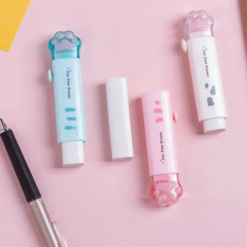 Eraser with retractable push-pull design, creative cartoon cat claw shape, student-specific stationery, portable eraser