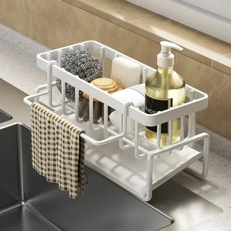 No-Punch ABS Kitchen Sink Shelf with Hooks Multifunctional Faucet Drainage Rack Adhesive Tap Organizer for Spice & Rag Storage ﻿