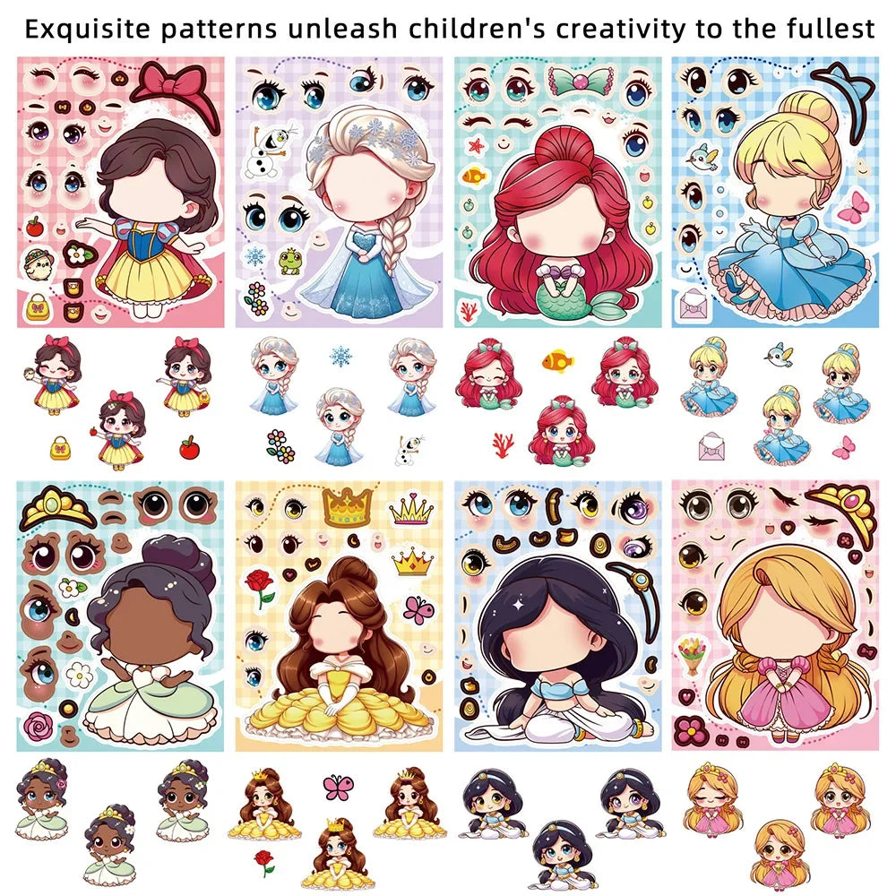 8Sheets Cute Princess Puzzle Stickers Make A Face DIY Anime Assemble Jigsaw Decals Birthday Party Decoration