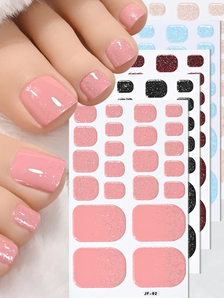 5Sheets/110Tips Summer Glitter Toe Nail Stickers Full Cover Nail Wraps Solid Color Adhesive Toenails Decals for Women DIY Foot &