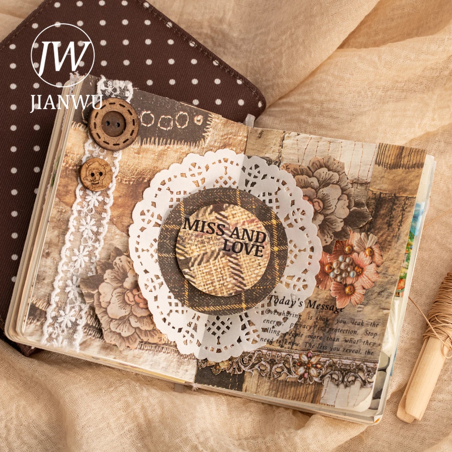 JIANWU Handmade Fabric Series Vintage Lace Flower Landscape Collage Scrapbook Material Paper Creative Junk Journal Stationery