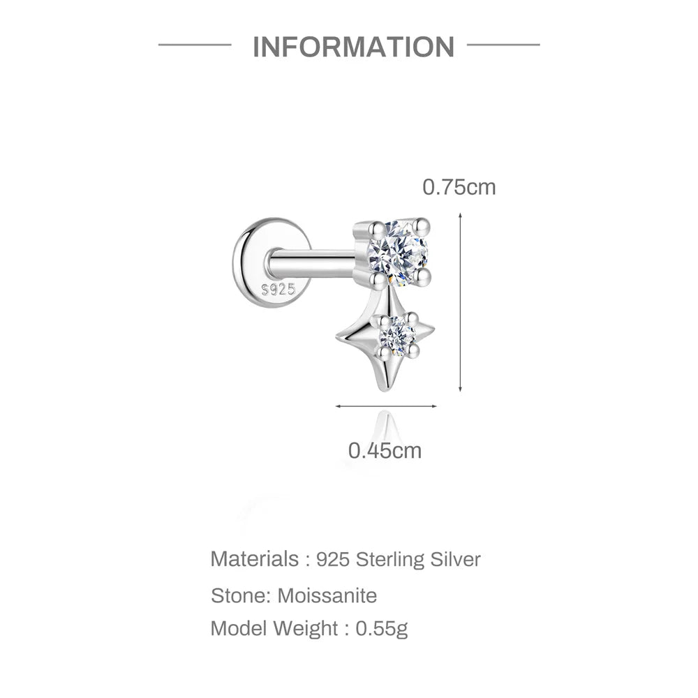CANNER 1PC Moissanite Spherical Vertical Eight-pointed Star Piercing Earrings 925 Sterling Silver Jewelry Valentine's Day Gift