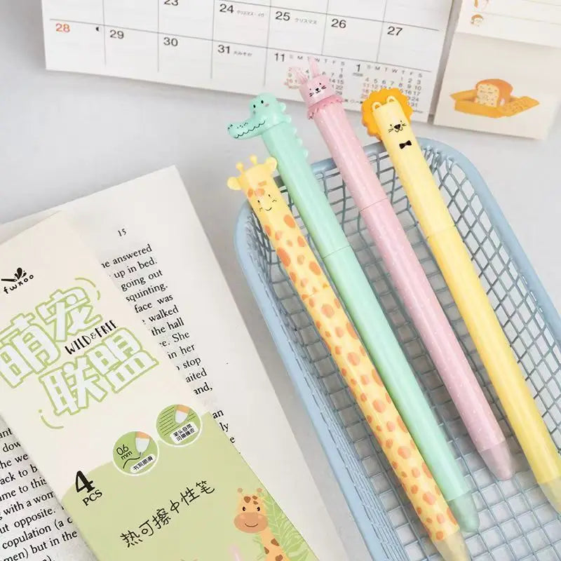 4Pcs Zoo Animal Theme Erasable Pens Blue Ink Gen Pen Quick-dry Smooth Writing Pen with Built-in Eraser Back-to-School Supplies