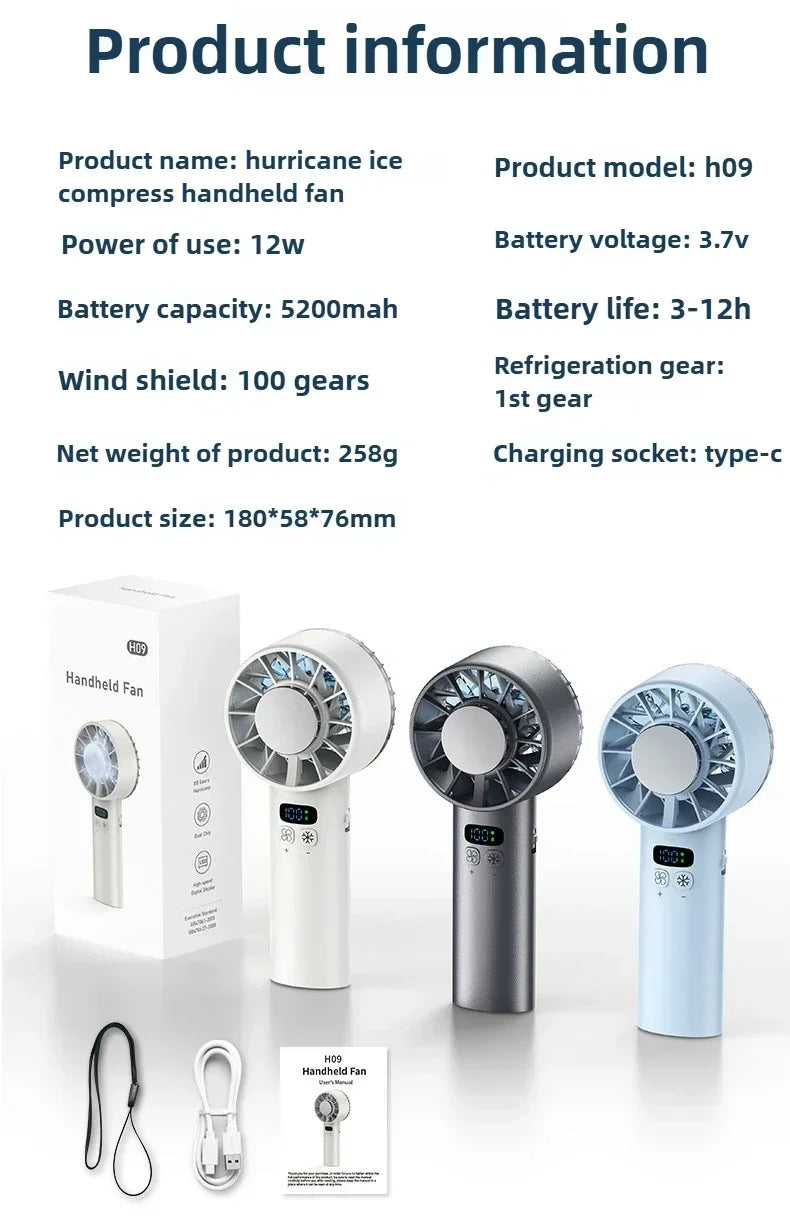 TINSOL Ice-cooling high-speed handheld fan 5200mAh portable mini fan, suitable for travel, camping, and outdoors