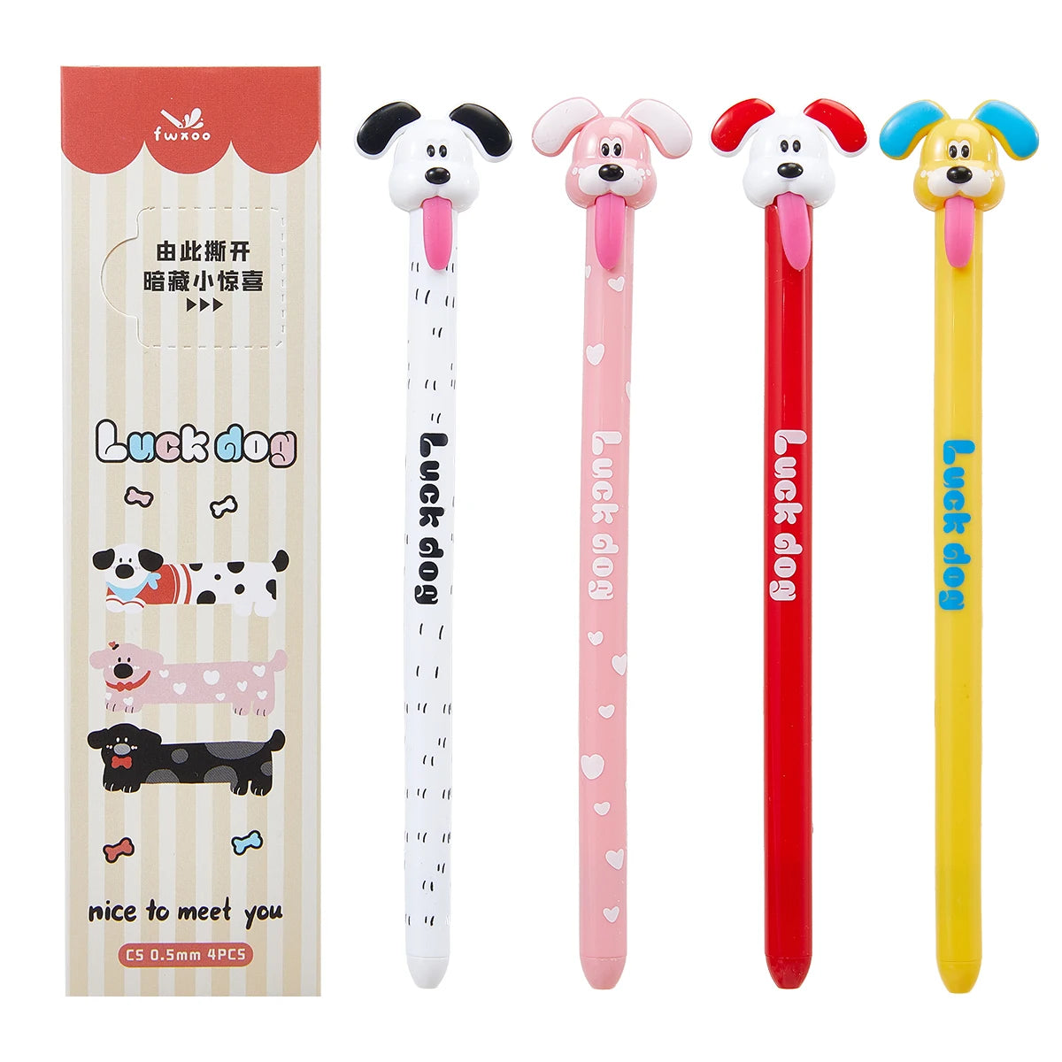 4-Piece Animal Dog-Themed Gel Pen, 0.5mm Fine Tip, Black Ink, Fun Tongue-Over Design.