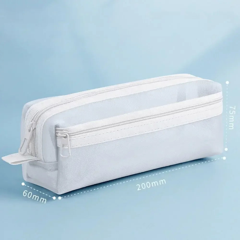 Double Layer Mesh Pen Bag Large Capacity Transparent Stationery Storage Bag Multifunctional Zipper Exam Supplies Organizer