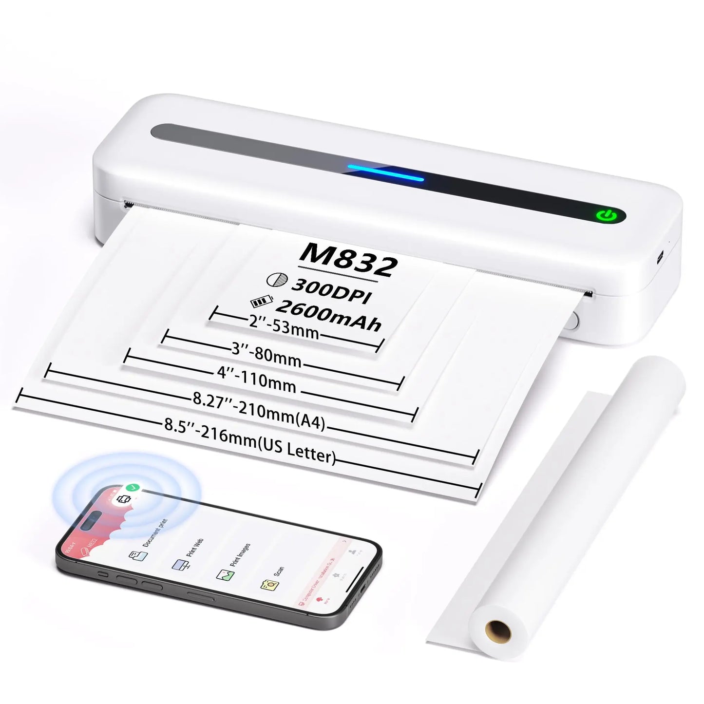 New A4 Portable Printer Wireless M832 for Travel Work Home Inkless Thermal 300DPI US-letter Mobile Printer Support Android iOS