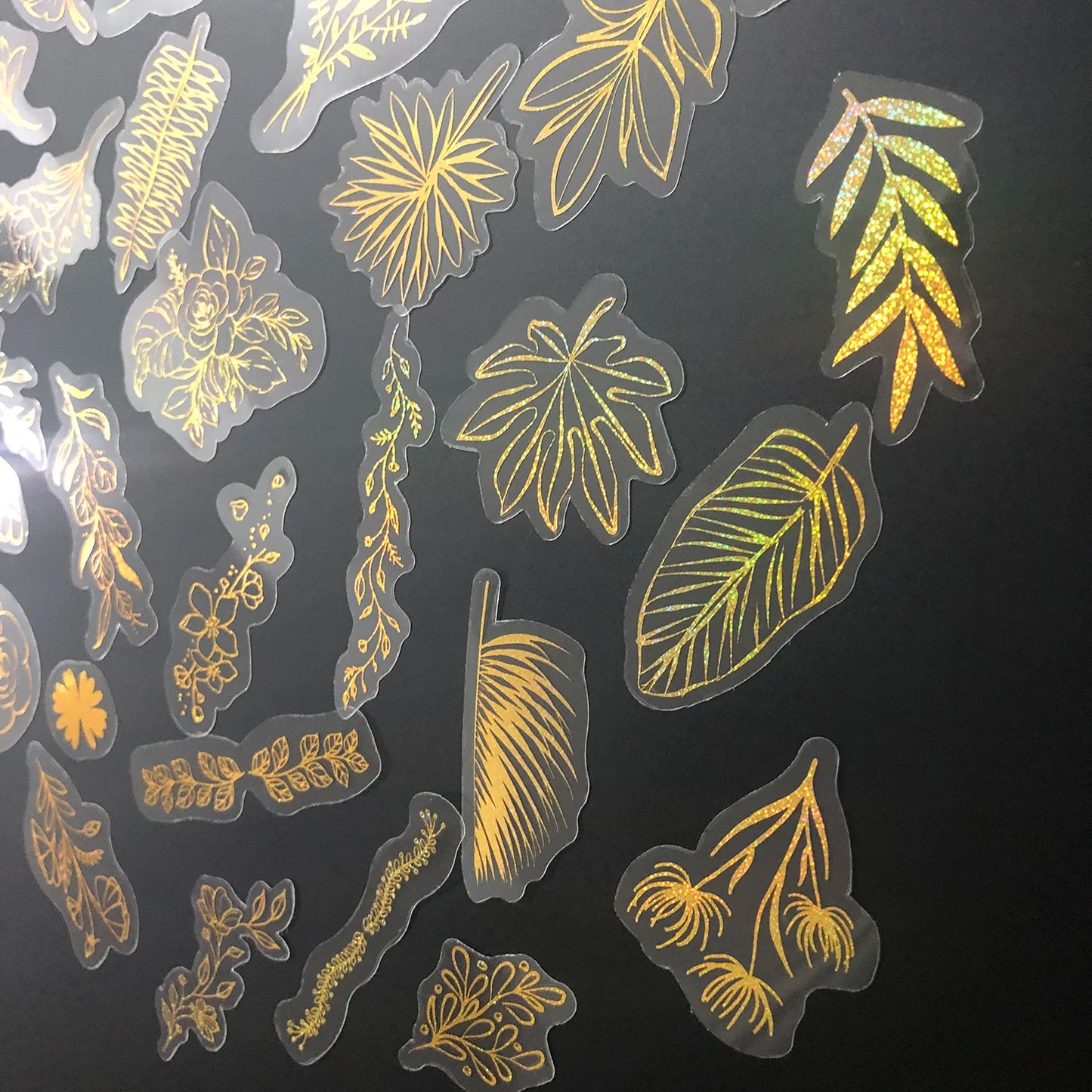 80 Pcs Glitter Gold Stickers Plant Flower,Waterproof Transparent Decorative Decals, PET Adhesive Sticker Label