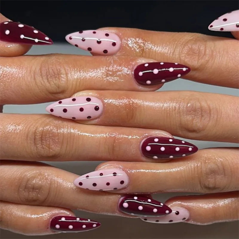 24PCS Medium Almond Press On Nails Wine Red Cute Cartoon Rabbit Bowknot Plaid Pearl False Nails Kawaii Nails Full Cover Wearable