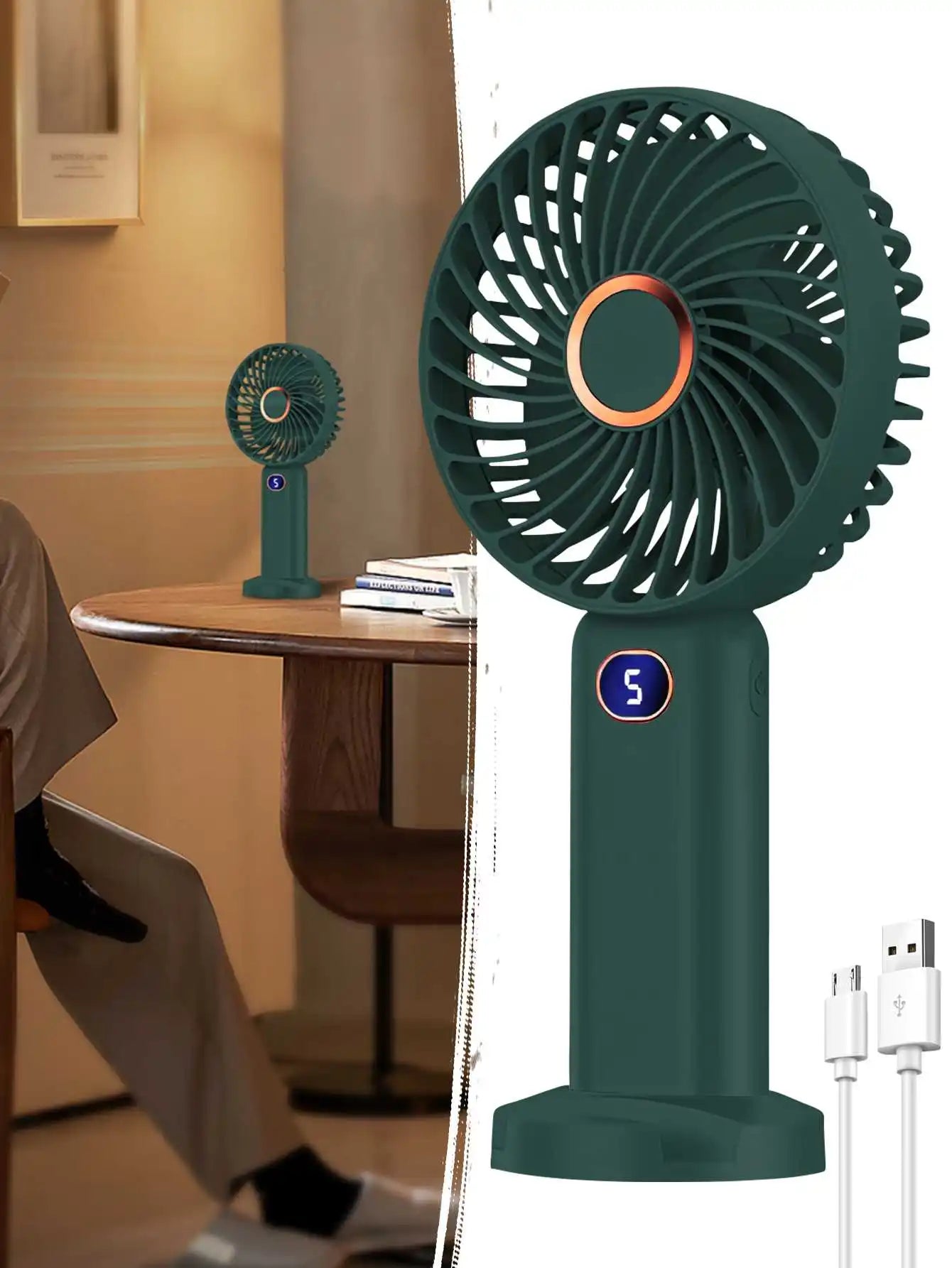 Portable Handheld Fan USB Rechargeable Mini Fan Digital Display 5-Speed Adjustment Suitable For Travel Outdoor Office Home