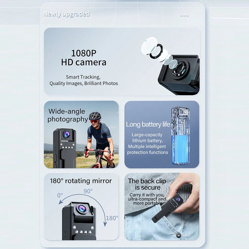 1080P Mini Body Camera 180° Rotatable Lens Body Mounted Camera Small Portable IR Night Vision Police Body Camera for Bike