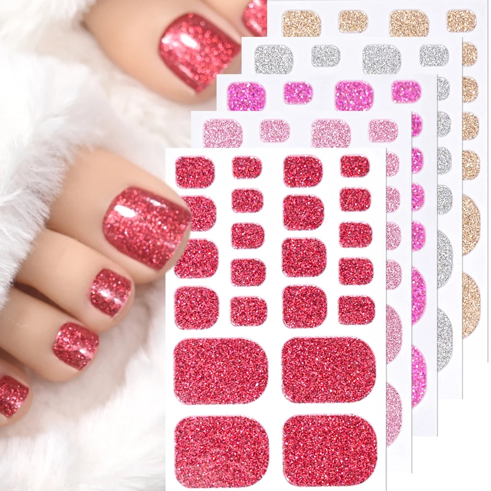 5Sheets/110Tips Summer Glitter Toe Nail Stickers Full Cover Nail Wraps Solid Color Adhesive Toenails Decals for Women DIY Foot &