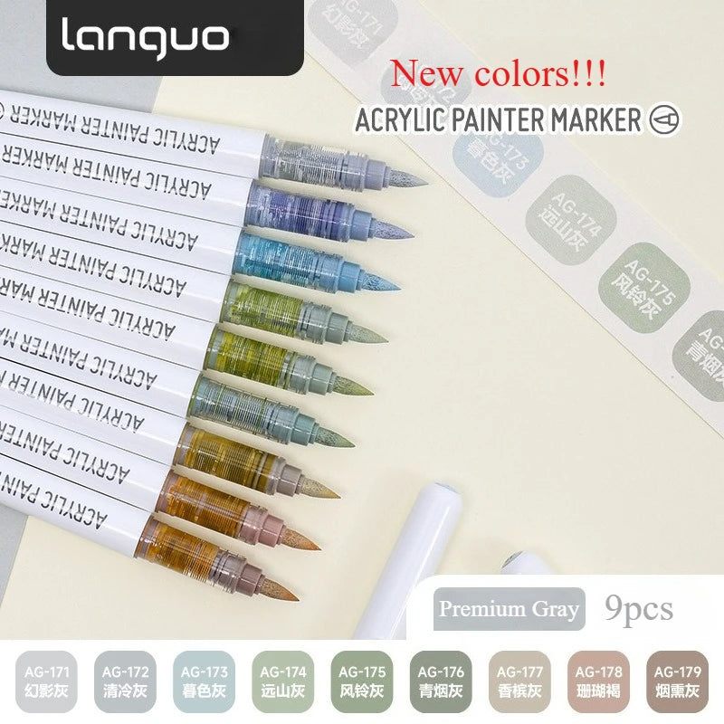 9colors/Set Acrylic Paint Pens Brush Marker Pen for Rock Painting,Ceramic,Glass,Wood,Canvas,Diy Art Supplies Drawing Stationary