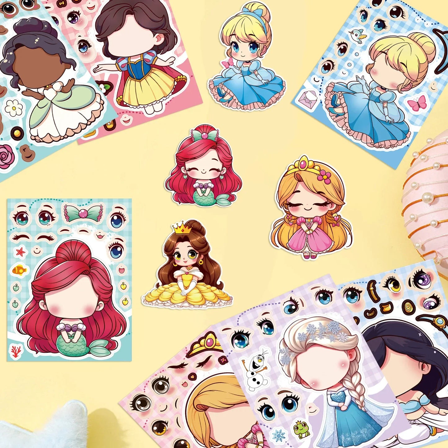 8Sheets Cute Princess Puzzle Stickers Make A Face DIY Anime Assemble Jigsaw Decals Birthday Party Decoration