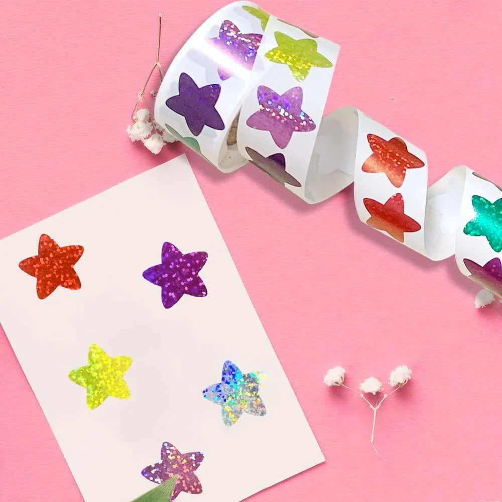 500/1000pcs Colorful Star Adhesive Holographic Star Stickers Zoo Farm Scrapbook Sticker Roll Labels  For Kids DIY Gift Toys