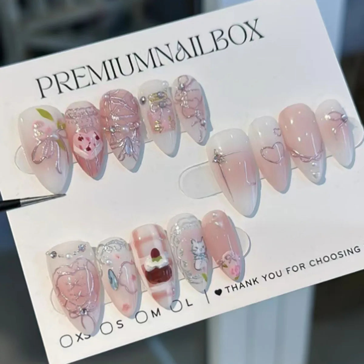 24PCS Medium Almond Press On Nails Wine Red Cute Cartoon Rabbit Bowknot Plaid Pearl False Nails Kawaii Nails Full Cover Wearable