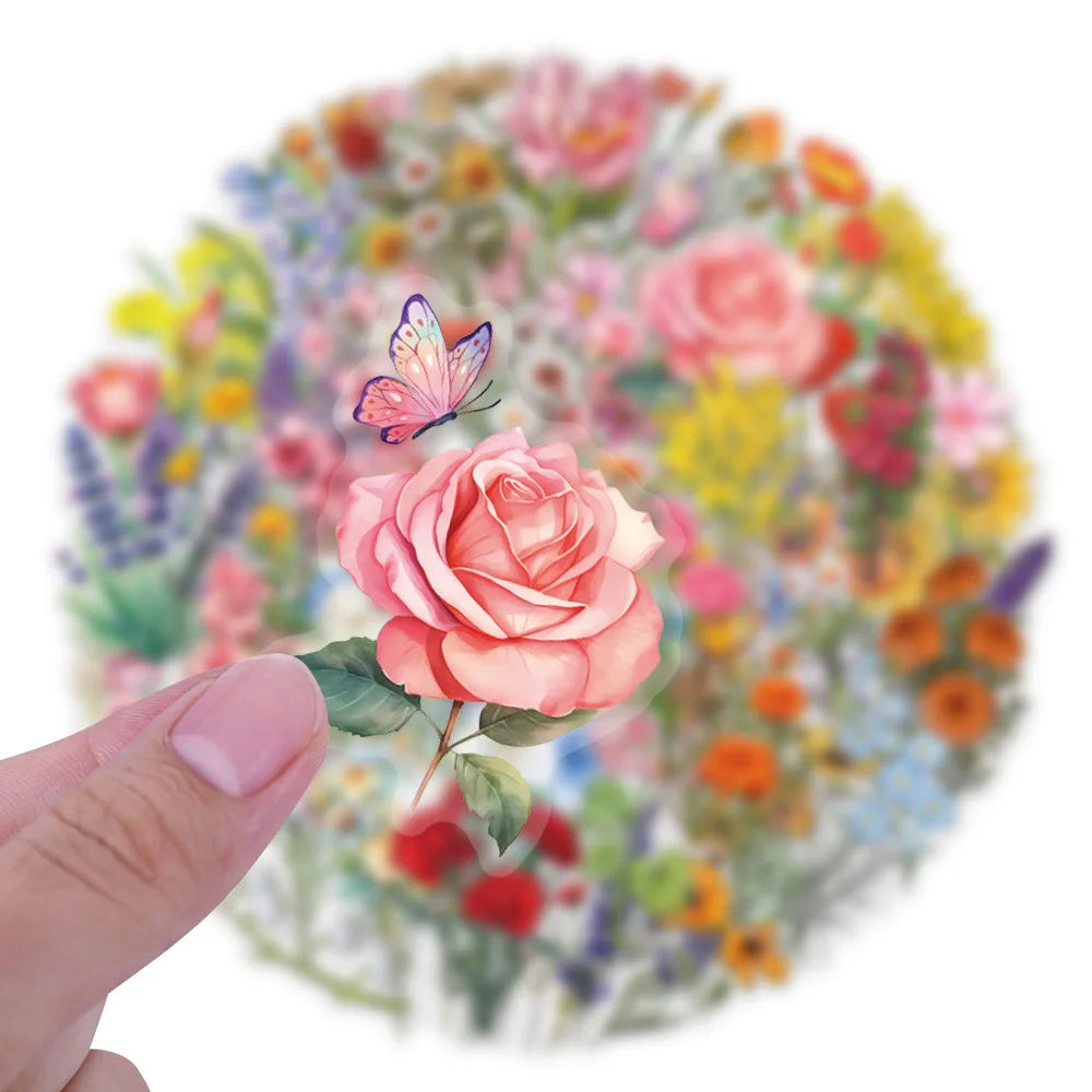 60PCS Transparent Flowers Stickers Graffiti Stickers DIY Diary Phone Case Handmade Scrapbook Aesthetic Stickers