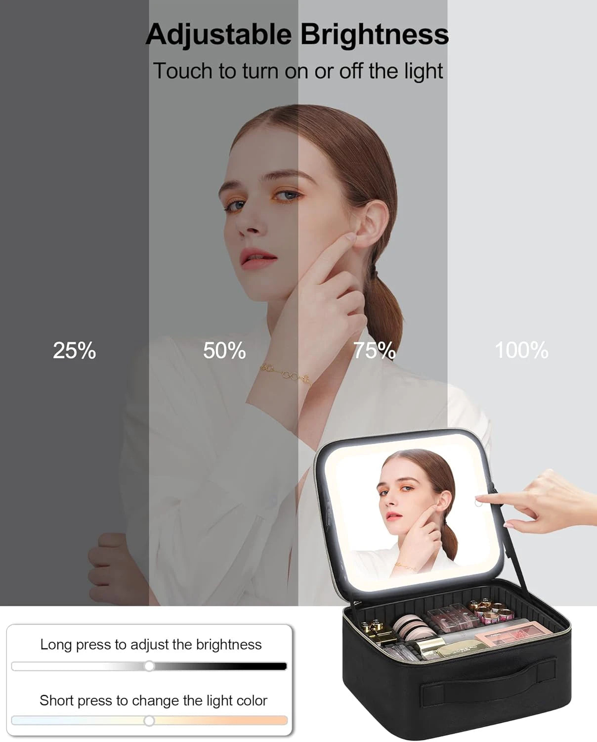 Makeup Organizer with Mirror Light 3 Adjustable Brightness Travel Train Case Cosmetic Bag Portable Storage Partition Waterproof