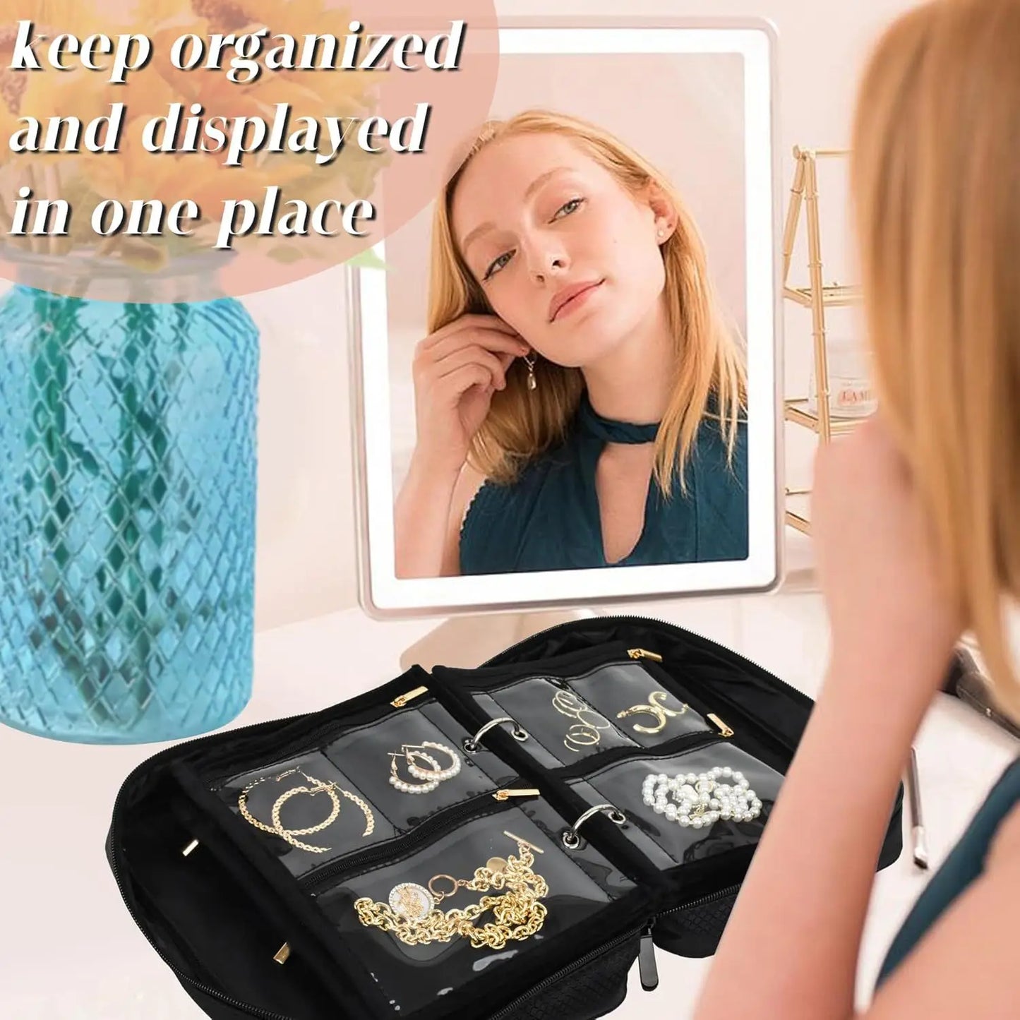 Travel Jewelry Organizer Case,Jewelry Bags Jewelry Storage Book Binder with Clear Zipper Velvet Pouch for Traveling,Earrings