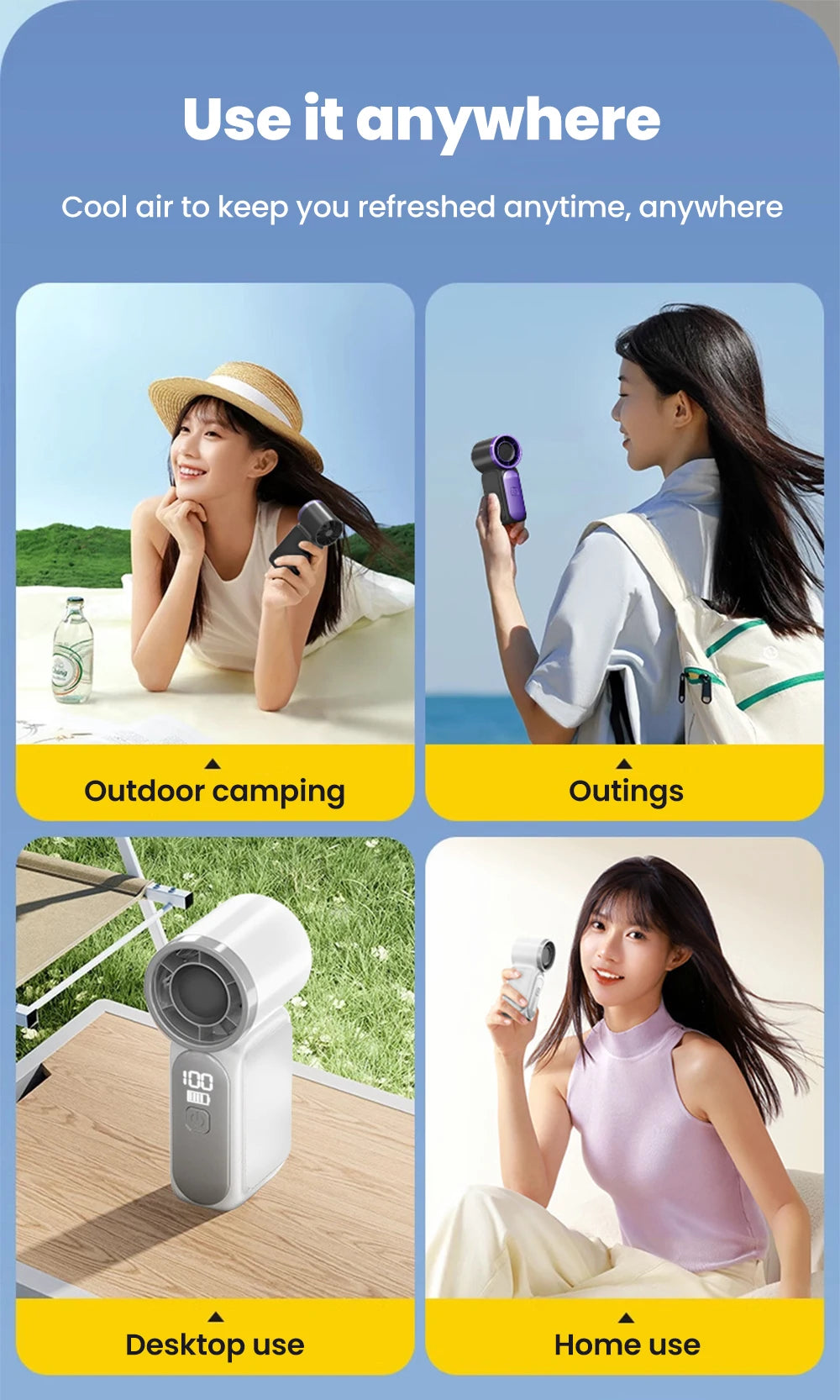 Portable Handheld Mini Fan 5 Speed Adjust Type c Rechargeable Fan Digital Display Desktop Fan Outdoor