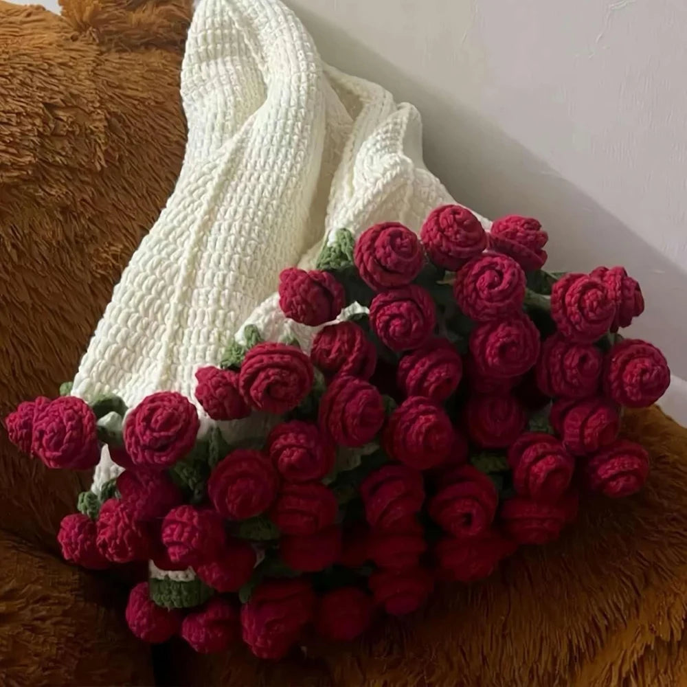1pcs Rose Blanket Bouquet With Gift Bag Crochet Handmade Blanket of Roses Birthday Valentine's Day Gift for Girlfriend