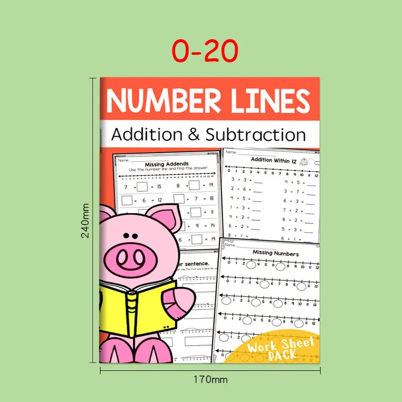 32-Page Interactive Math Learning Workbook with Addition & Subtraction Worksheets, Crossword Puzzles, Colorful Math Activities