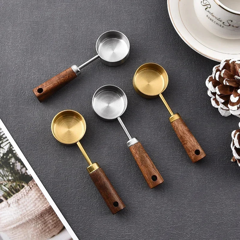 15ml Stainless Steel Measuring Spoon Tablespoon Coffee Scoop Wood Handle Sugar Powder Coffee Bean Measure Spoon Kitchen Tools