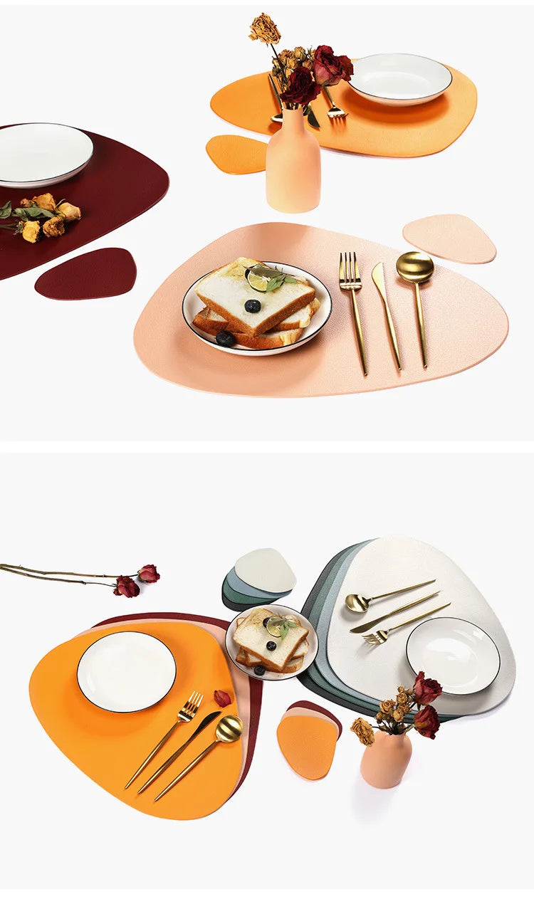 Inyahome Irregular Shape PU Leather Placemats Set Oil-Proof Waterproof for Kitchen Tables Bistro Tables Bars Coffee Shops Hotels