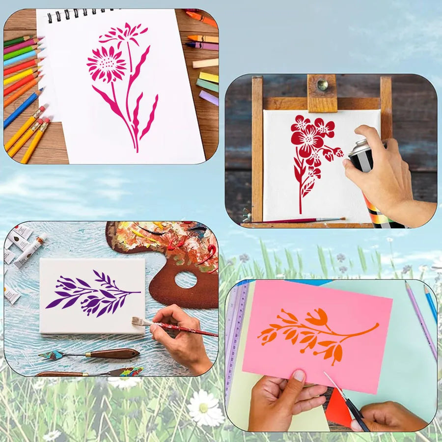 **18 Pcs DIY Flower Painting Stencils, Reusable Plastic Templates for Wood, Fabric, Paper - Spray Paint & Graffiti Craft Supplie