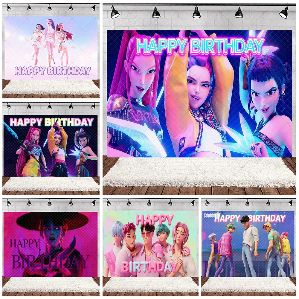 Hot KPop Girl Demon Hunters Backdrop Popular Anime Adult Children's Birthday Party Decorations Baby Shower Supplies Photo Props