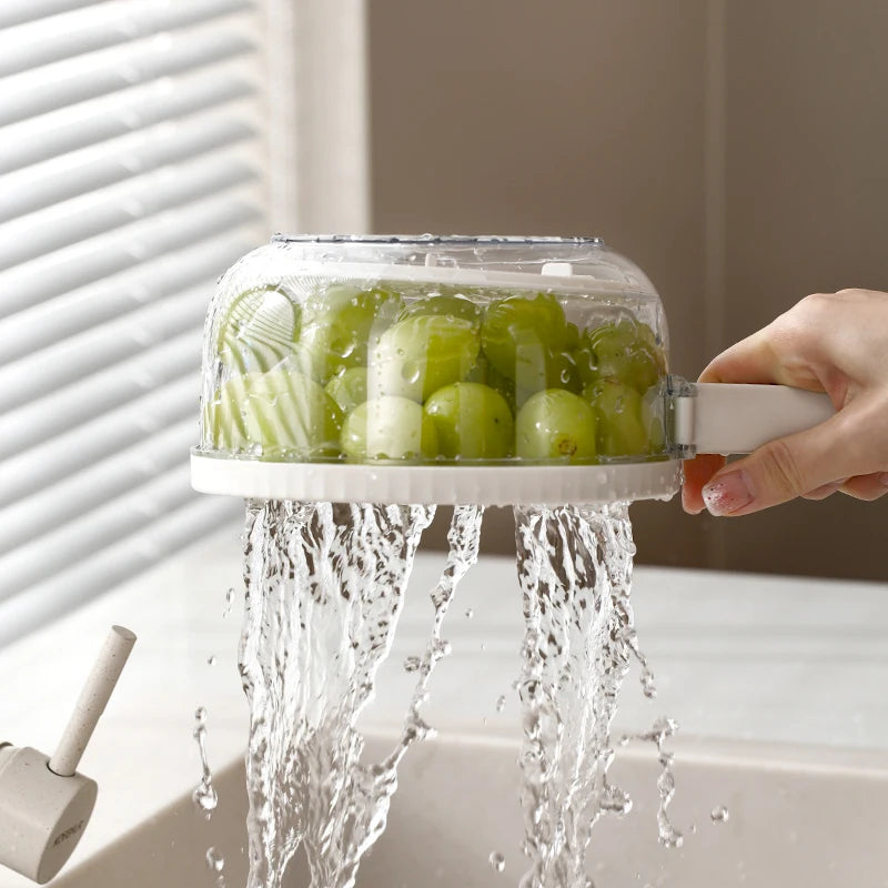 Folding Handle Drain Basket with Lid Fruit Vegetable Washing Bowl Kitchen Washing Basket Plastic Colander Water-Filtering Basin