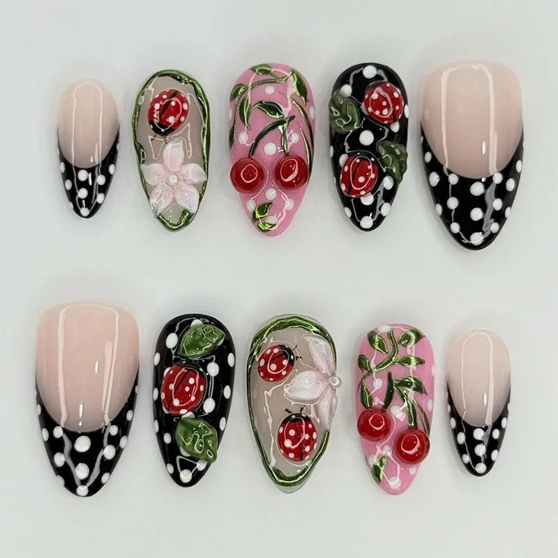 24PCS Medium Almond Press On Nails Wine Red Cute Cartoon Rabbit Bowknot Plaid Pearl False Nails Kawaii Nails Full Cover Wearable