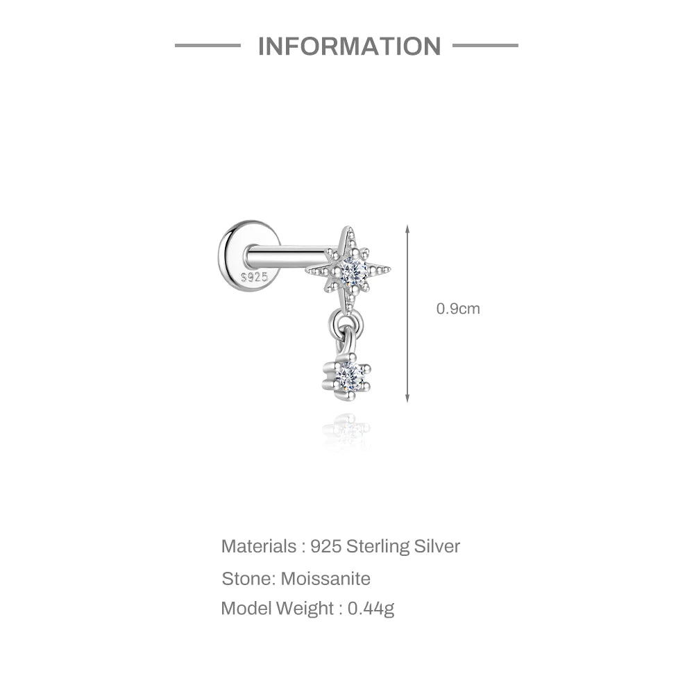 CANNER 1PC Moissanite Spherical Vertical Eight-pointed Star Piercing Earrings 925 Sterling Silver Jewelry Valentine's Day Gift