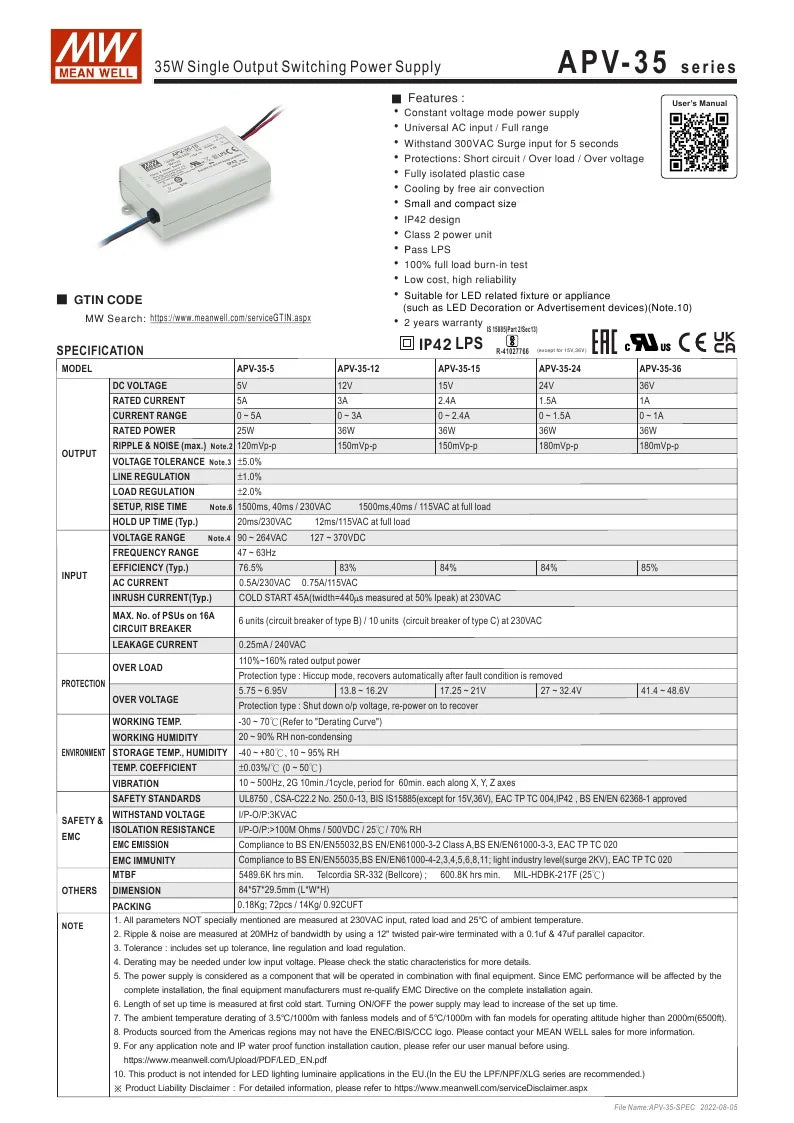 MEAN WELL APV-35 APV-35-5 APV-35-12 APV-35-15 APV-35-24 APV-35-36 Single Output Switching Power Supply APV-35 5V 12V 15V 24V 36V