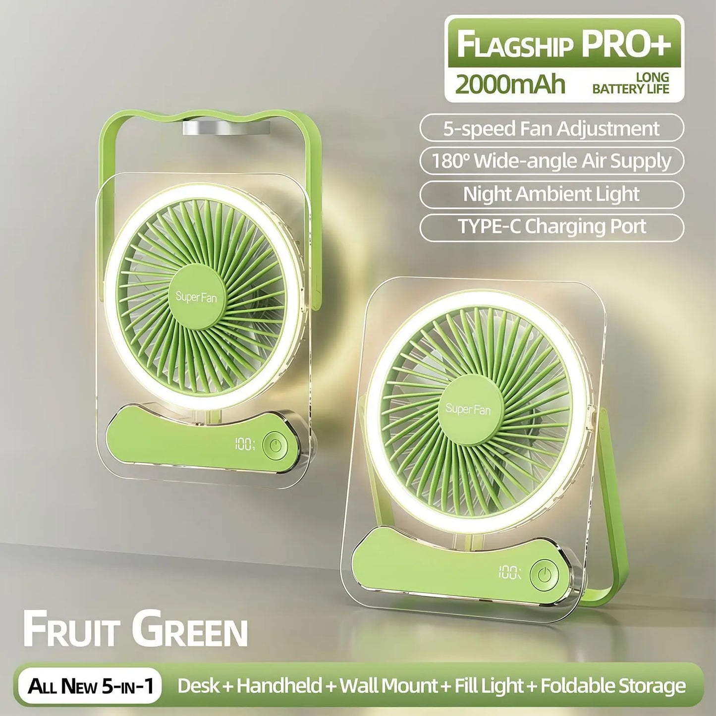 Travel Fan For Sleeping Long Lasting 5 Speeds Foldable LED Lights Device Portable Fan USB Rechargeable For Home Office Bedroom