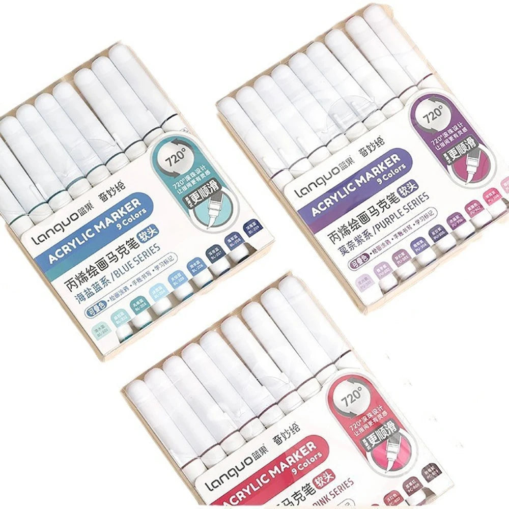 9colors/Set Acrylic Paint Pens Brush Marker Pen for Rock Painting,Ceramic,Glass,Wood,Canvas,Diy Art Supplies Drawing Stationary