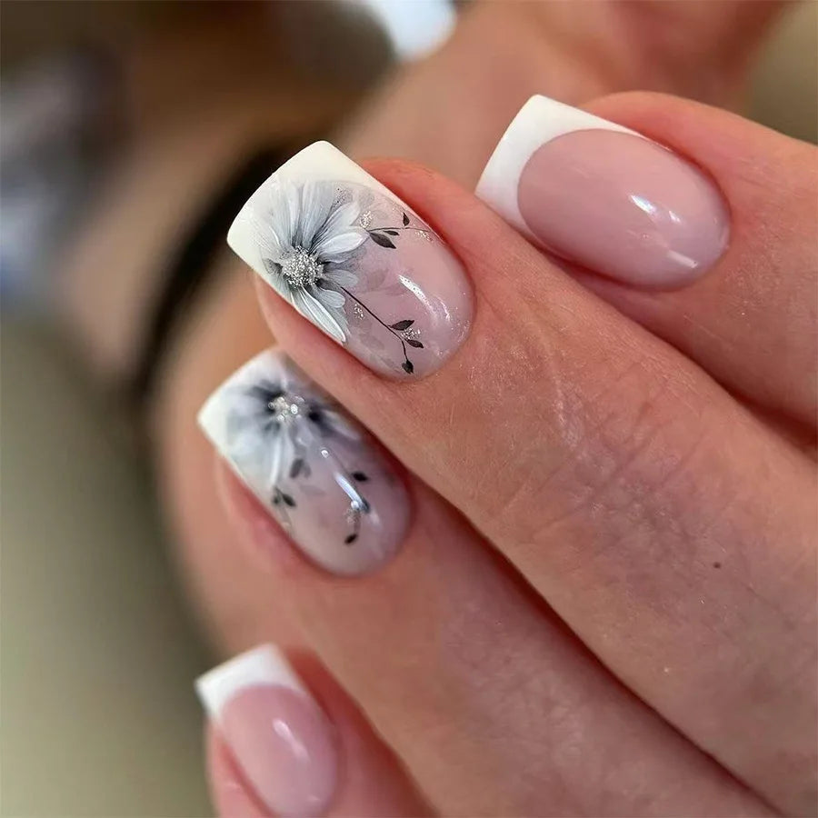 24Pcs Fairy White Flower Fake Nails Pink French Tip Press on Nails Short Square Wearable False Nail for Women Girls DIY Manicure
